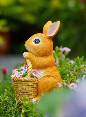 创意仿真太阳能兔子提篮装饰摆件家居装饰花园庭院树脂工艺品套装