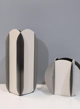 新中式创意艺术金属皮革花器摆件样板房酒店家居客厅创意软装饰品