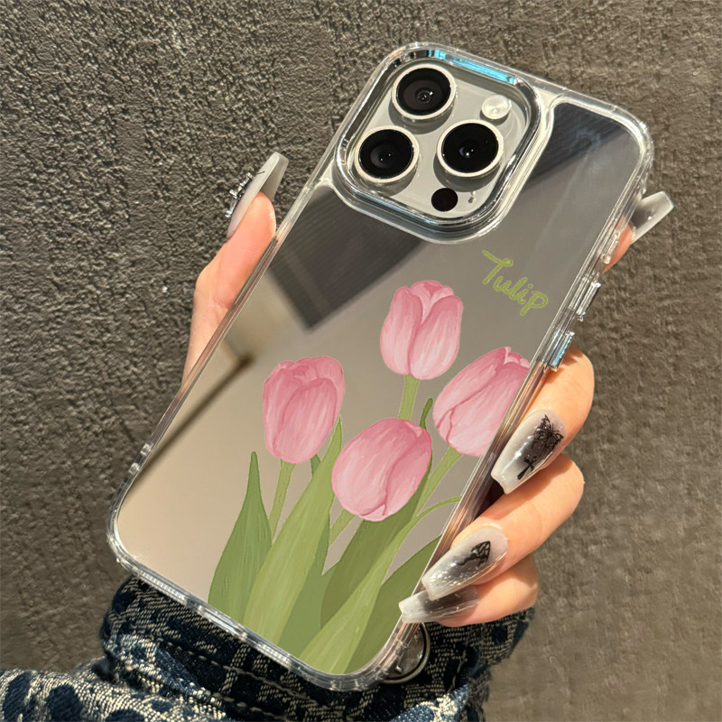 ins风郁金香少女心镜面适用iphone15promax苹果17手机壳11新款16pro时尚12日韩创意可爱13pm镜子全包防摔软壳,淘宝优惠券,粉丝福利购,淘宝优惠卷