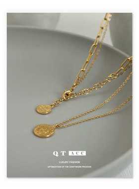 黄铜镀18K真金 网红潮流吊牌叠戴风双层链条质感项链简约叠戴颈链