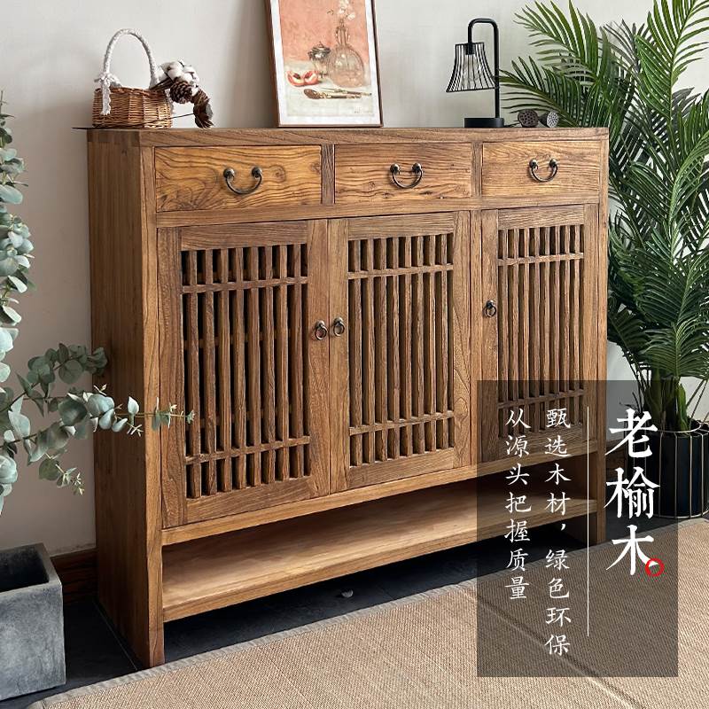 老榆木鞋柜客厅玄关柜实木餐边柜原木家用透气收纳储物柜新中式 - 图1