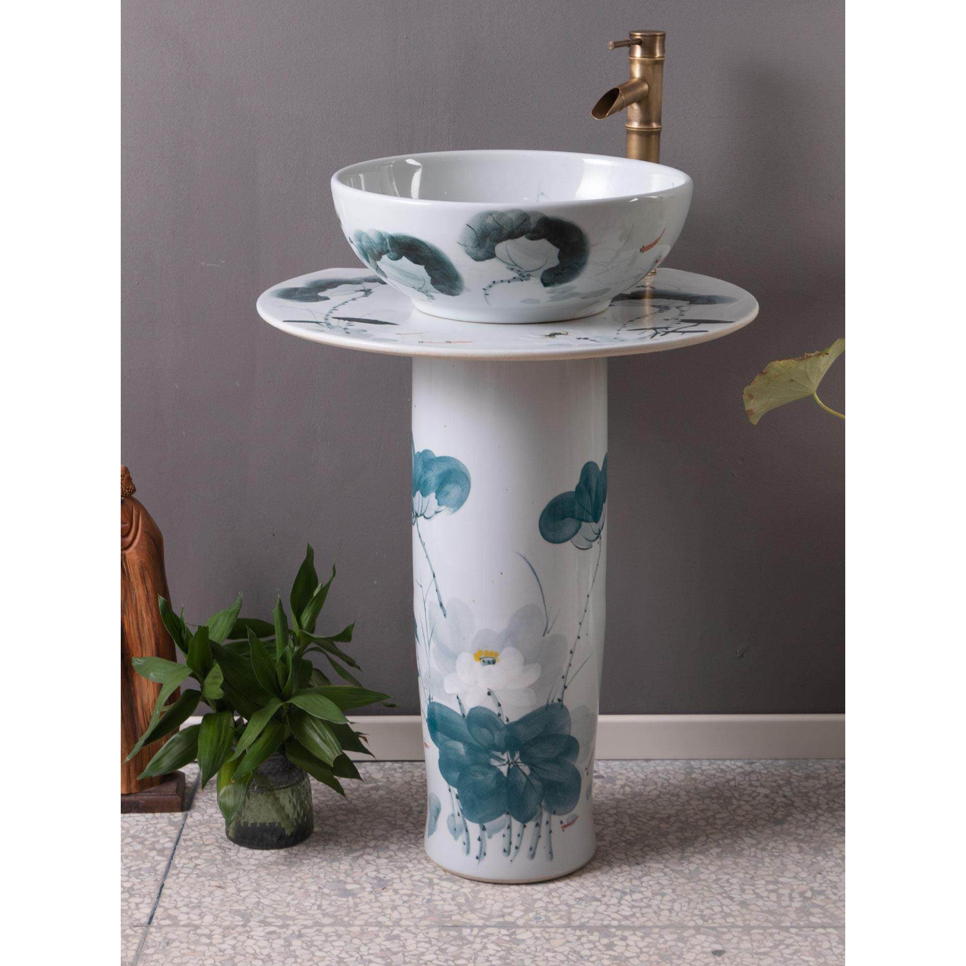景德镇陶瓷立柱盆手绘荷花鱼艺术落地覆古庭院装饰耐高温洗漱台盆,淘宝优惠券,粉丝福利购,淘宝优惠卷