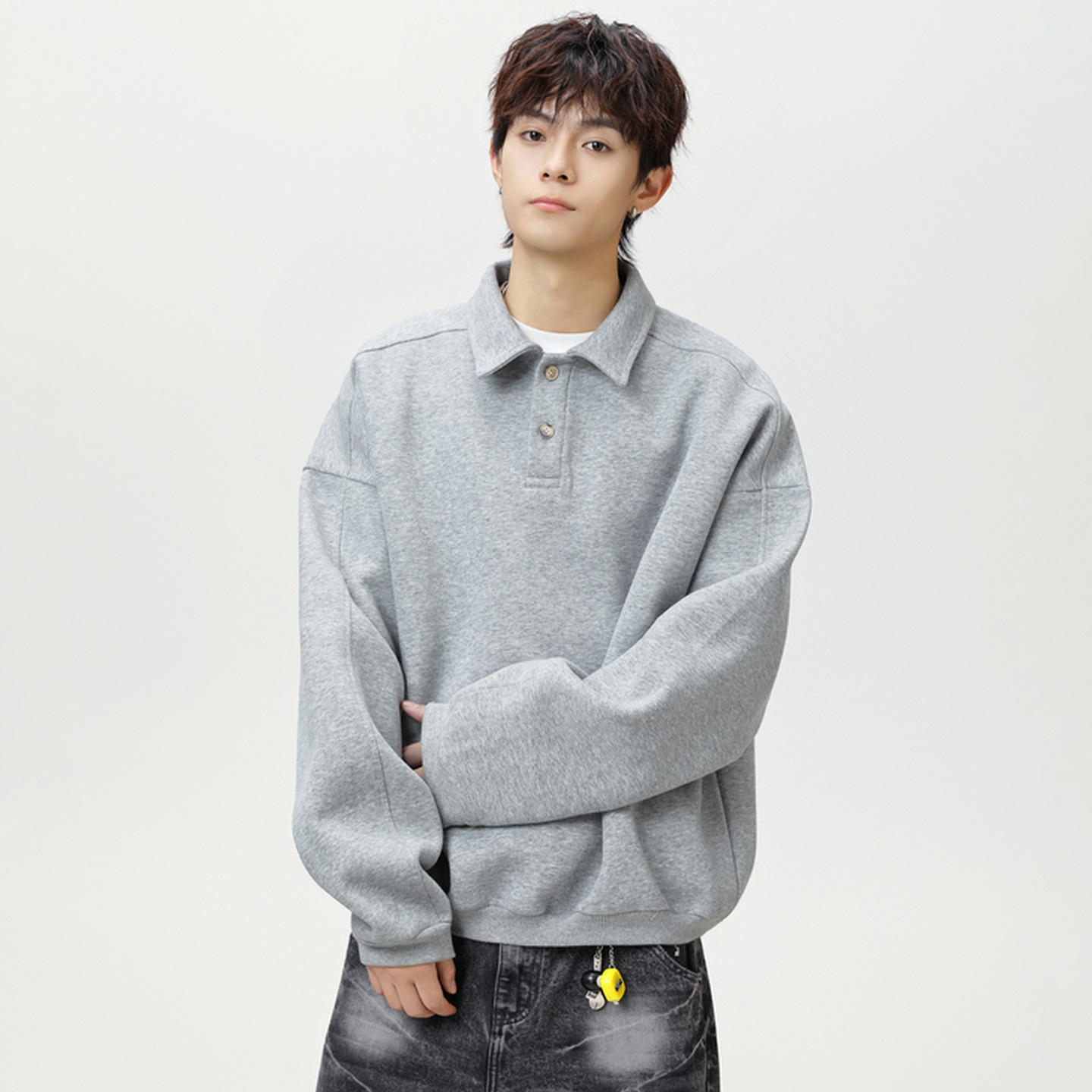 ROBINHOOD/罗宾汉重磅质感翻领卫衣男秋季廓形复古轻奢老钱长袖 - 图0