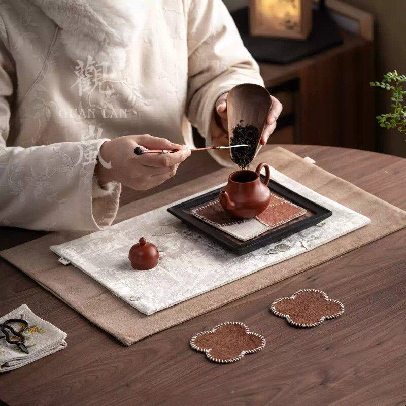 Guanlan national style brocade embroidery dry soaking mat fabric tea ceremony mat tablecloth tea table mat thermal insulation anti-scald mat tea set accessories