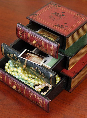 玄关钥匙收纳盒创意饰品抽屉办公桌书房书桌摆件道具书木质首饰盒