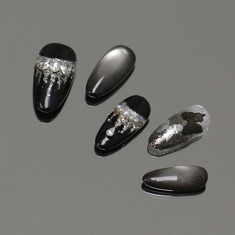 花芷「在逃公主」复古黑色纯手工穿戴甲猫眼中长款2026新款高质量,淘宝优惠券,粉丝福利购,淘宝优惠卷