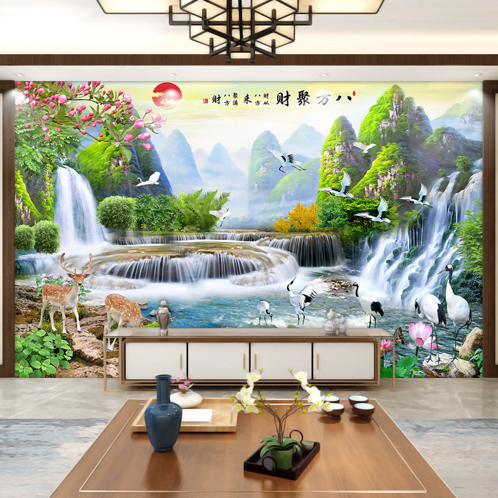 流水生财山水风景画墙贴客厅背景墙纸办公室装饰画自粘壁画墙贴画