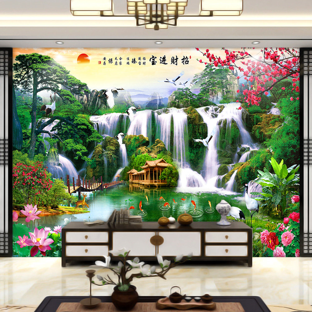 流水生财山水风景画墙贴客厅背景墙纸办公室装饰画自粘壁画墙贴画