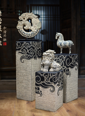 新中式摆件祥云柱展示柱仿石柱墩玄关禅意落地底座客厅茶室装饰