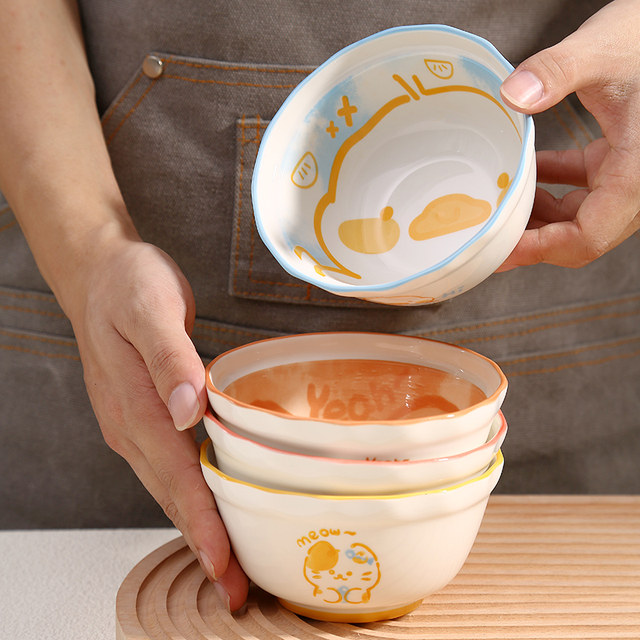 Cute pet cartoon rice bowl * 4 internet celebrity styles with high appearance and cute ceramic rice bowl set household tableware bowl utensils