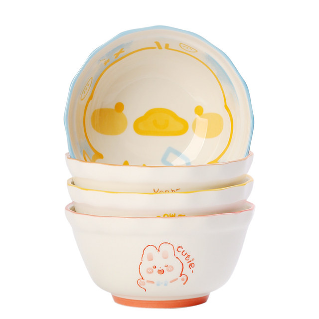Cute pet cartoon rice bowl * 4 internet celebrity styles with high appearance and cute ceramic rice bowl set household tableware bowl utensils