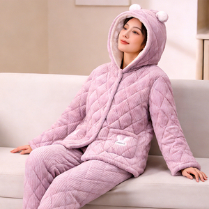 珊瑚绒睡衣女士冬季简约男士轻奢加厚加绒三层夹棉家居服新可外穿