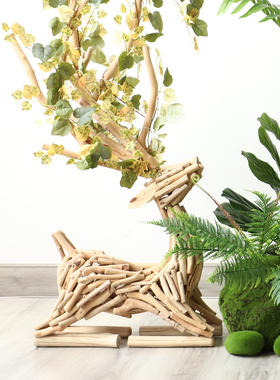 创意木质招财鹿摆件家居饰品客厅玄关幼儿园橱窗落地造景开业礼物