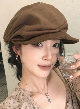 【猫仔kitten】秋冬复古贝雷帽鹿皮绒画家帽美拉德色系报童帽子女