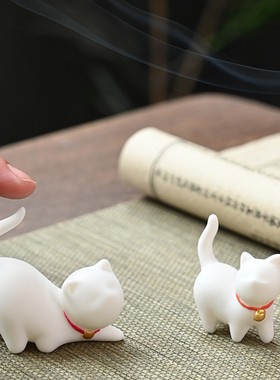 创意陶瓷可爱萌宠白色小猫咪茶宠茶盘配件陶瓷园艺盆景家居小摆件