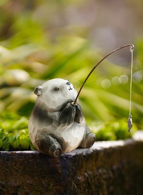 创意小青蛙猫咪钓鱼摆件庭院鱼缸造景边缘装饰品可爱治愈系小物件