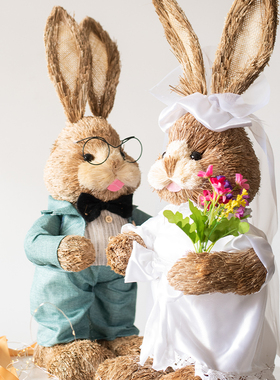 JK慕空间 草编兔新娘新郎婚庆装饰可爱新房摆件新人结婚新婚礼物