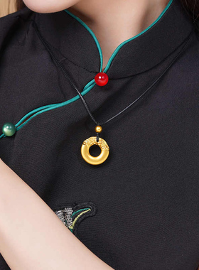 金包银足金999古法平安扣黄金吊坠挂坠男编织黑绳项链女送礼