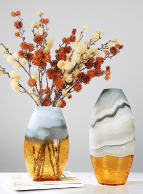 现代轻奢琥珀色玻璃花瓶冰裂纹插花花器客厅玄关茶几别墅酒店摆件