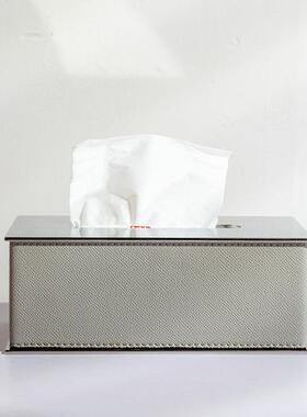 现代轻奢不锈钢马毛皮革纸巾盒创意样板间方抽纸盒餐桌茶几金属