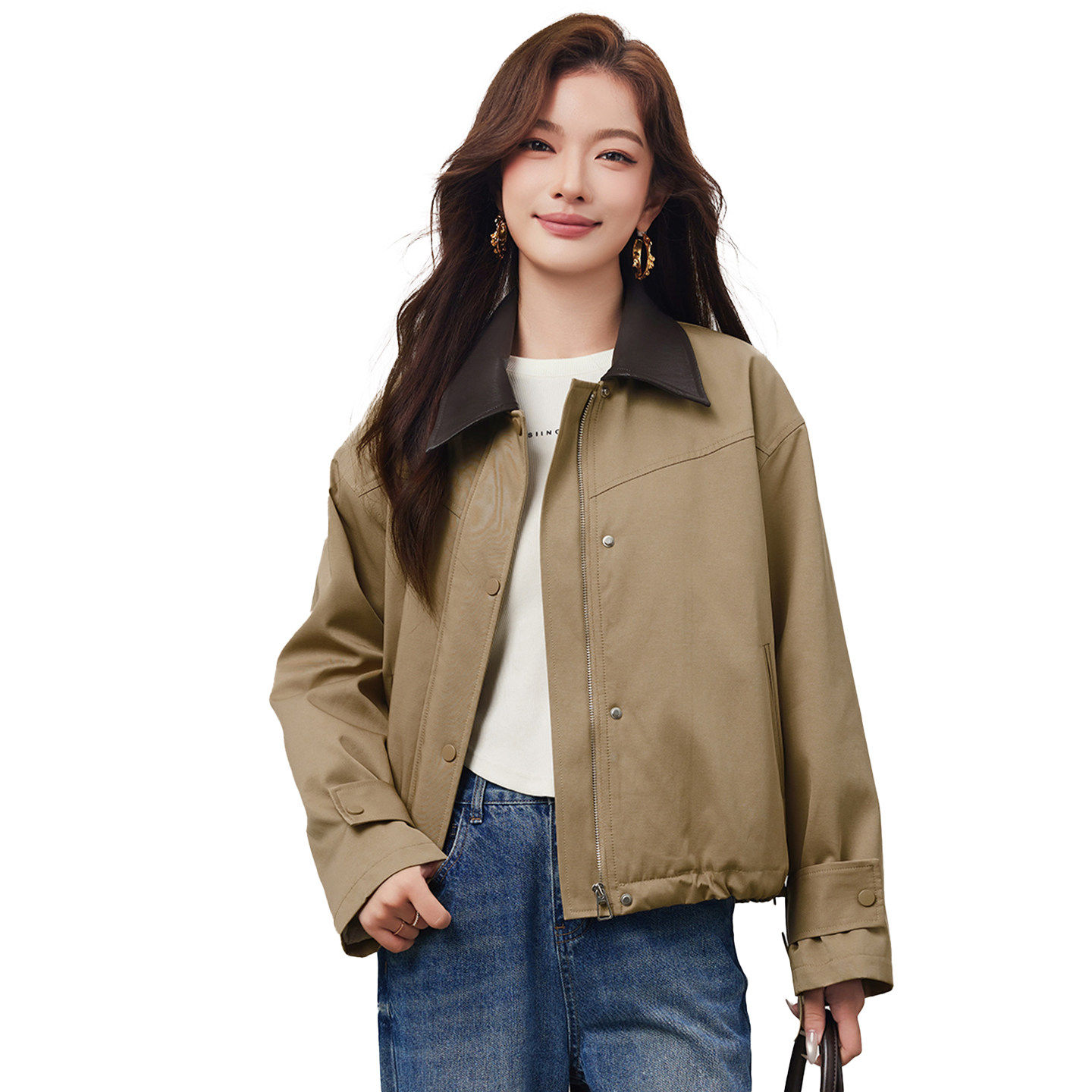 Smen诗萌简约现代风翻领加棉短外套女2026短款卡其色休闲外套时尚,淘宝优惠券,粉丝福利购,淘宝优惠卷