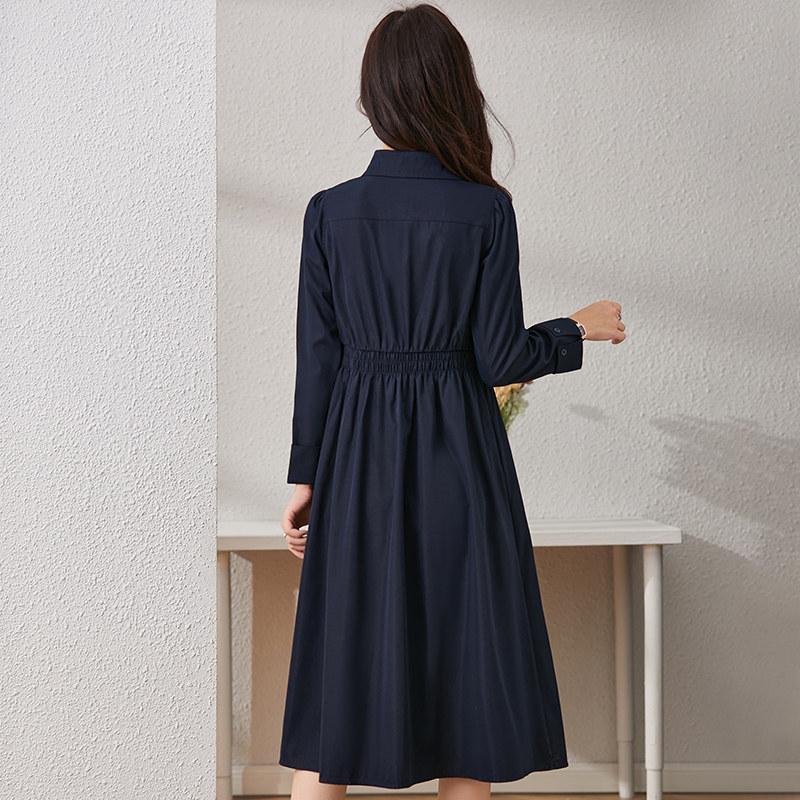 SMEN诗萌轻熟优雅藏青色衬衫连衣裙2026春长袖翻领收腰显瘦通勤裙