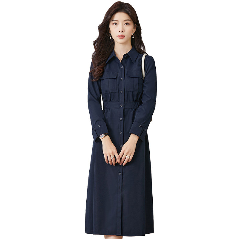 SMEN诗萌轻熟优雅藏青色衬衫连衣裙2026春长袖翻领收腰显瘦通勤裙