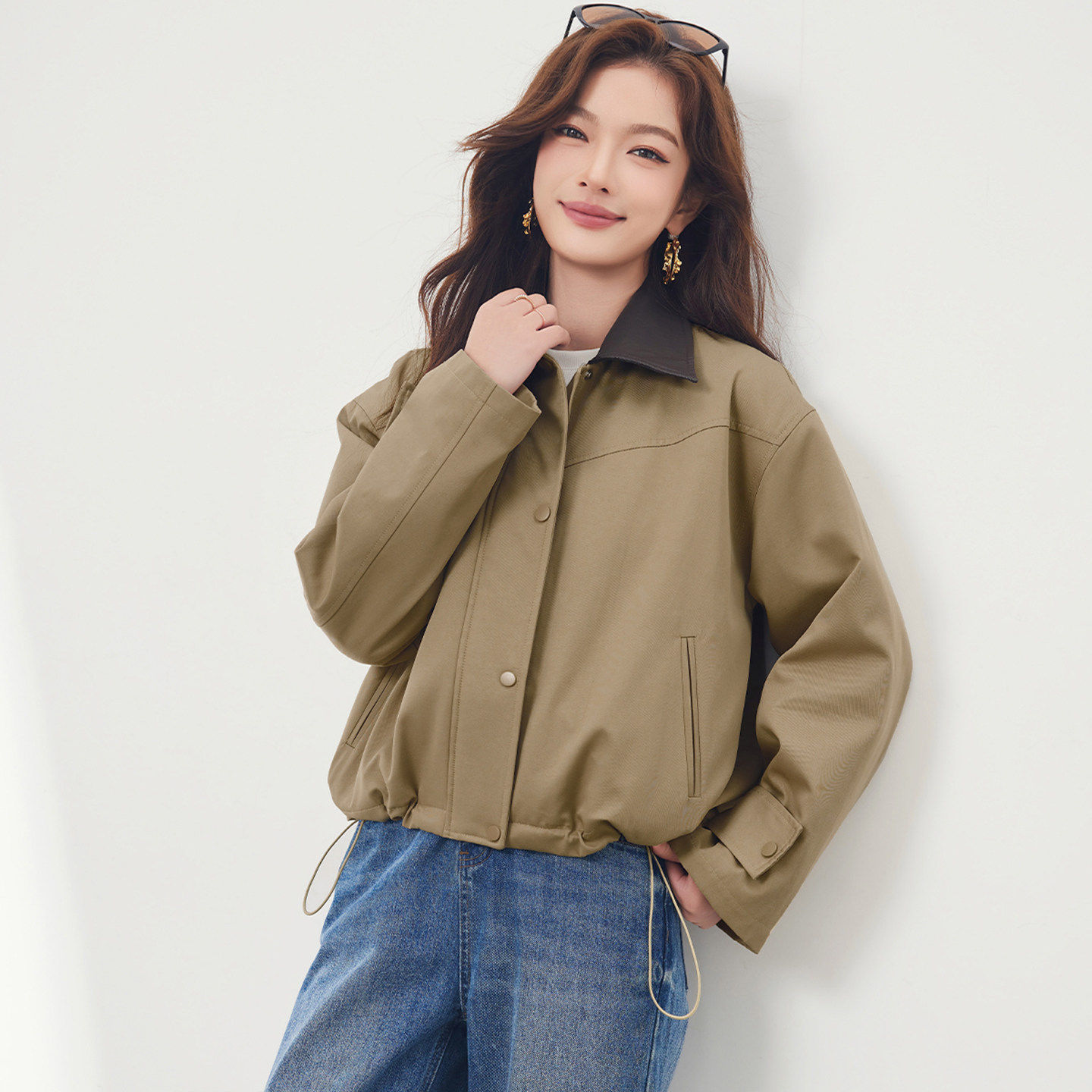 Smen诗萌简约现代风翻领加棉短外套女2026短款卡其色休闲外套时尚,淘宝优惠券,粉丝福利购,淘宝优惠卷