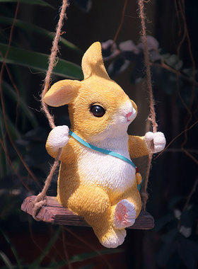 创意动物可爱卡通小兔子秋千摆件庭院户外花园阳台吊件树脂装饰品