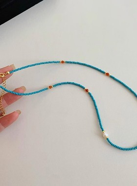 极细淡水珍珠绿松石轻奢锁骨链