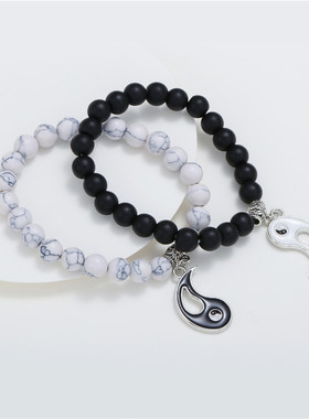 2条一套OL阴阳滴油黑白情侣串珠手饰套装 黑磨砂白松石套装手链男