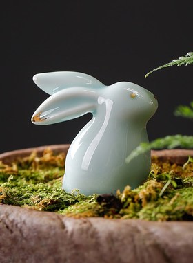 创意陶瓷2023兔年可爱兔子一对摆件茶桌桌面博古架装饰品吉祥礼物