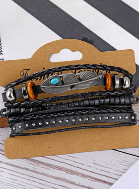 新款蝴蝶星月琉璃羽毛吊坠复古多层皮质手链人造皮革热卖饰品