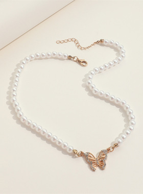 法式复古仿珍珠镶钻蝴蝶项链网红超仙气质颈链锁骨链设计感项饰