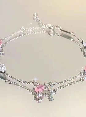 粉色锆石樱花蝴蝶结手链女ins小众轻奢气质级清冷感闺蜜手饰潮