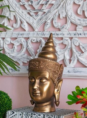 Powkhome东南亚泰式金色佛头装饰摆件餐厅会所玄装桌面饰工艺品