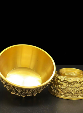 纯铜聚宝盆摆件黄铜实心加厚复古浮雕工艺品办公室客厅商铺装饰品