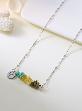 跨境项链高级感不锈钢十二星座项链不规则天然石碎石星座吊坠