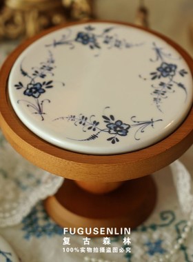 复古森林圆形木质小高脚托盘法式陶瓷甜品盘下午茶香薰蜡烛饰品盘