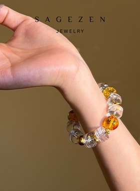 天然白水晶暴力黄水晶花珀手串
