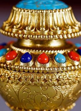 纯铜黄财神宝瓶摆件藏式密宗供佛宝瓶壶 佛堂八吉祥龙王宝瓶