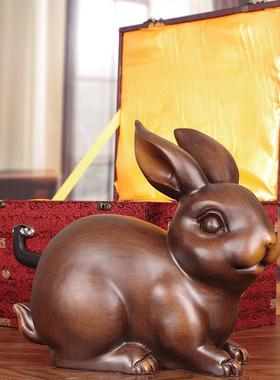 实木雕刻可爱兔子装饰品家居客厅入口酒柜办公室生肖兔子吉祥物生