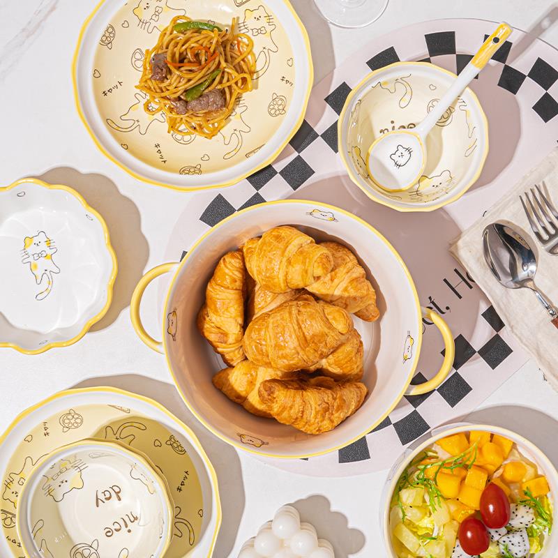 美康之家釉下彩可爱卡通碗碟套装家用陶瓷碗筷盘餐具碗盘一人食 - 图0