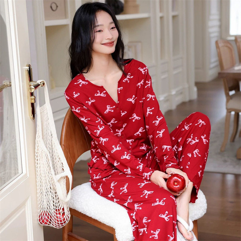 2026春季云朵棉睡衣女士长袖长裤宫廷风蕾丝花边宽松家居服套装1