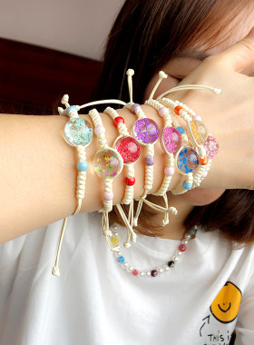 欧美手工麻棉编织手链千干花生命树波西米亚彩色民族风松紧手绳女