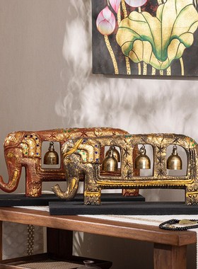 极速泰国木雕工艺品n大象铃铛摆件客厅电视柜桌面禅意摆设创意开