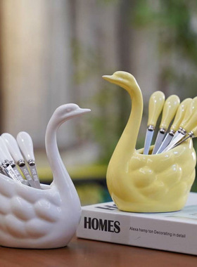 新款创意天鹅水果叉套装家用不锈