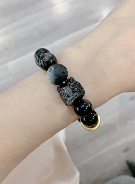 新品天然银e曜石黑钥匙男女款大颗粒女款手链 搭配醒狮星球珠 个