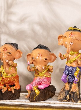 极速泰式创意木雕人偶象鼻神摆件家居客厅电视酒柜装W饰品桌面大