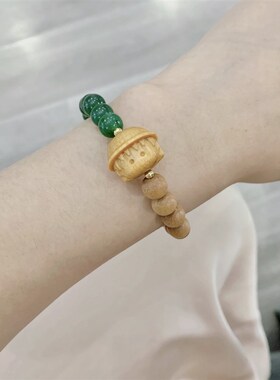 新品天然和田玉碧玉搭配檀木樱桃小丸子单圈女款手链 Z可爱甜美系